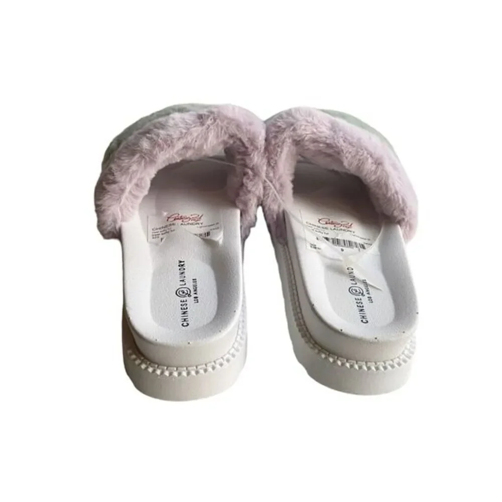 Chinese Laundry Sandal Womens Size 9 Open Toe Faux Fur Accent Platform‎ Slip On